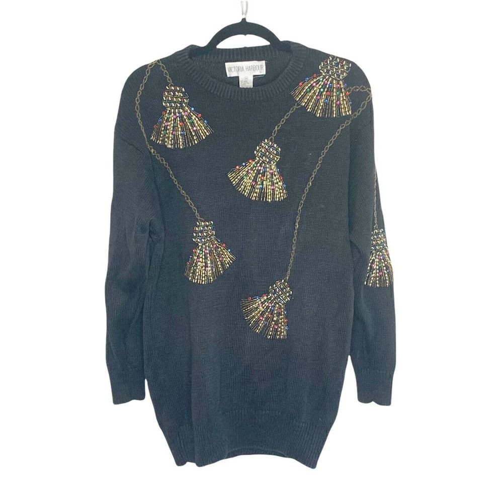 Victoria Harbour Vintage Women’s Black Jewel Tassel Sweater Top Size Medium